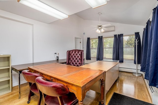 18 Main St, Templeton, MA 01468 - dining space featuring vaulted ceiling, light wood finished floors, baseboard heating, ceiling fan, and a baseboard heating unit