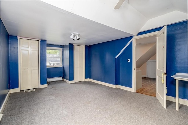 18 Main St, Templeton, MA 01468 - unfurnished room with baseboard heating, carpet, baseboards, a ceiling fan, and lofted ceiling