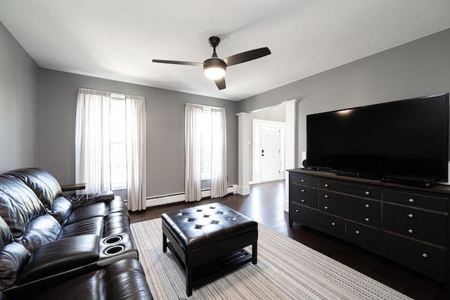 758 Council Oak Way, Dighton, MA 02715 - living area with a ceiling fan, dark wood-style flooring, and ornate columns