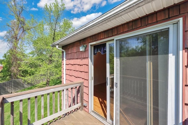 view of wooden balcony with a deck