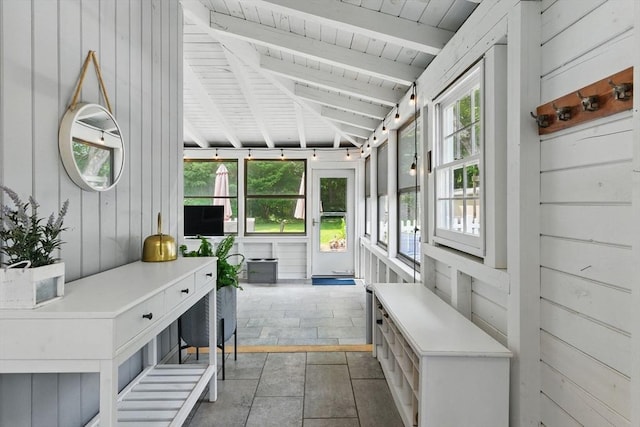 905 Stony Hill Rd, Wilbraham, MA 01095 - mudroom with wood ceiling with exposed beams, plenty of natural light, wood walls, and stone finish floors