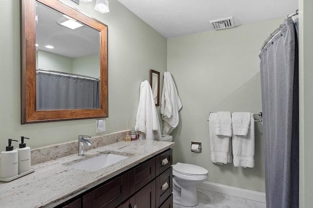 full bath with toilet, vanity, visible vents, baseboards, and marble finish floor