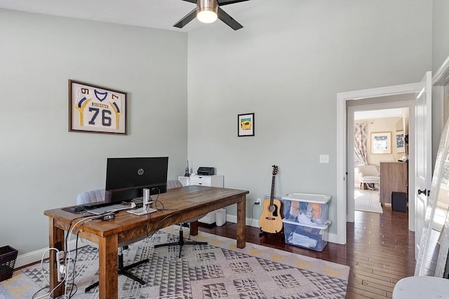 home office with wood-type flooring, baseboards, and a ceiling fan