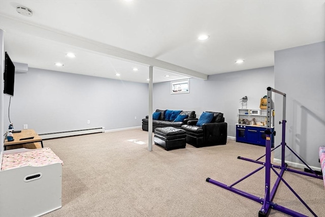 living area with recessed lighting, baseboards, light carpet, and baseboard heating