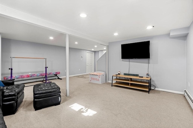 interior space with carpet flooring, recessed lighting, baseboards, and a baseboard heating unit