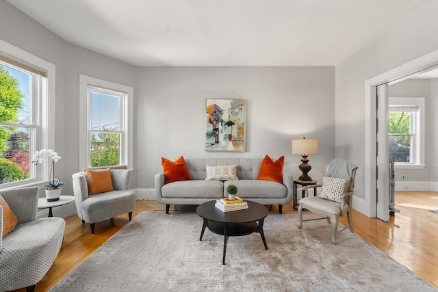 living area featuring plenty of natural light, wood finished floors, and baseboards