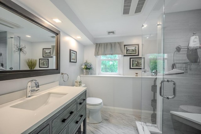 61 Wright Rd, Ayer, MA 01432 - full bathroom with vanity, marble finish flooring, a shower stall, and recessed lighting