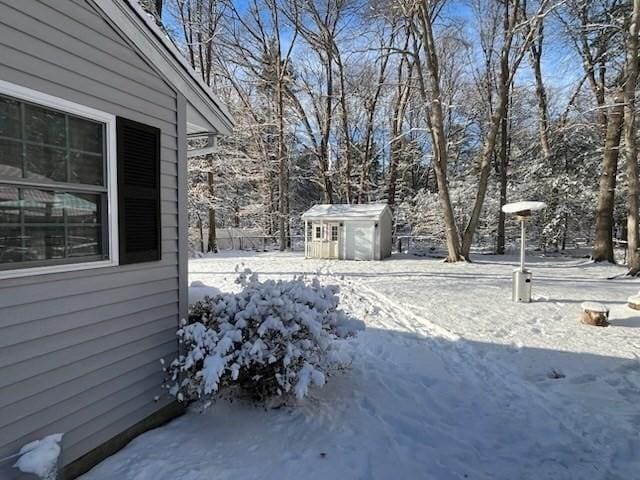 yard covered in snow featuring a shed