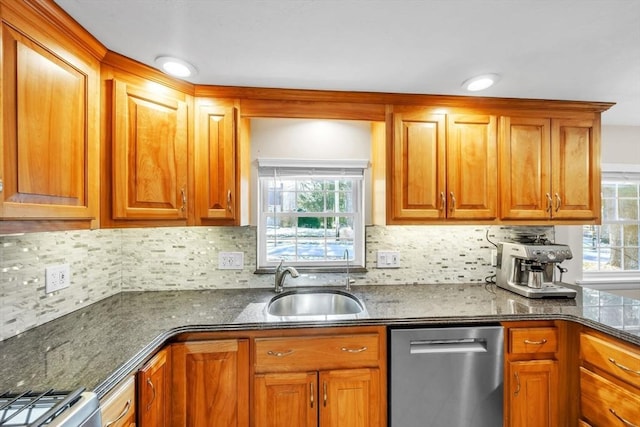 kitchen featuring tasteful backsplash, a healthy amount of sunlight, dishwasher, and sink