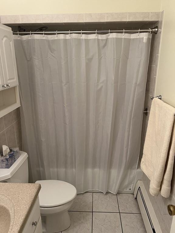 20 Colonial Dr Unit 3, Andover, MA 01810 - full bathroom featuring toilet, vanity, tile patterned floors, baseboard heating, and a shower with shower curtain