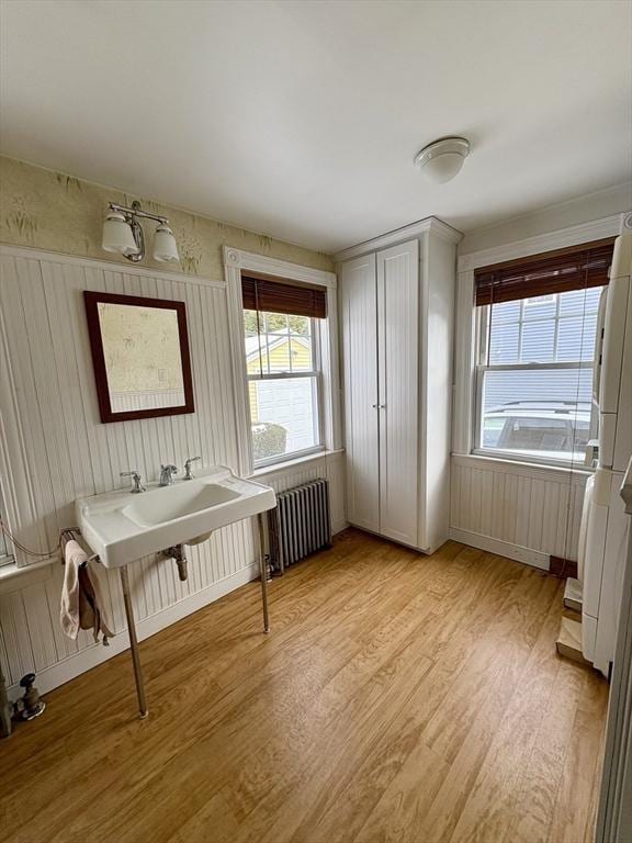 interior space with a healthy amount of sunlight, light wood finished floors, and radiator heating unit