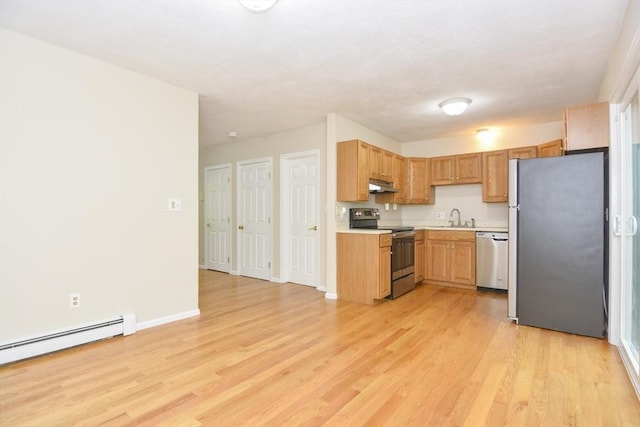 154 E Bacon St Unit B6, Plainville, MA 02762 - kitchen with appliances with stainless steel finishes, light countertops, under cabinet range hood, and light wood-style floors