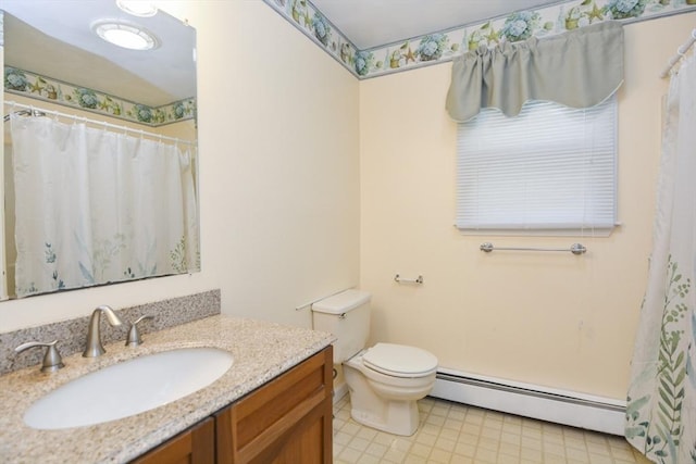 154 E Bacon St Unit B6, Plainville, MA 02762 - full bath with a baseboard radiator, vanity, toilet, and a shower with shower curtain