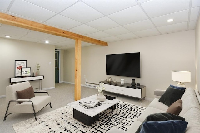 154 E Bacon St Unit B6, Plainville, MA 02762 - living room with recessed lighting, light colored carpet, a baseboard heating unit, baseboards, and a paneled ceiling