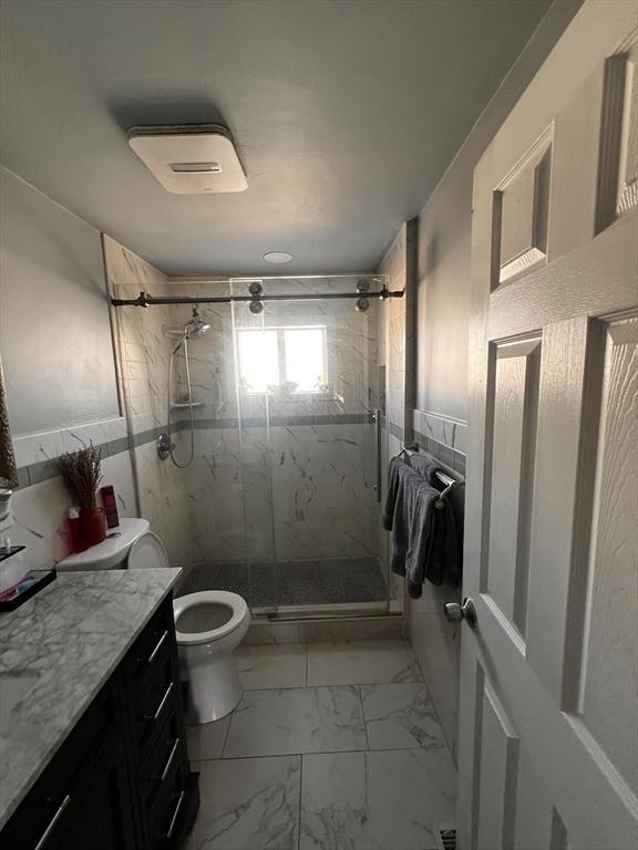 bathroom with vanity, an enclosed shower, and toilet