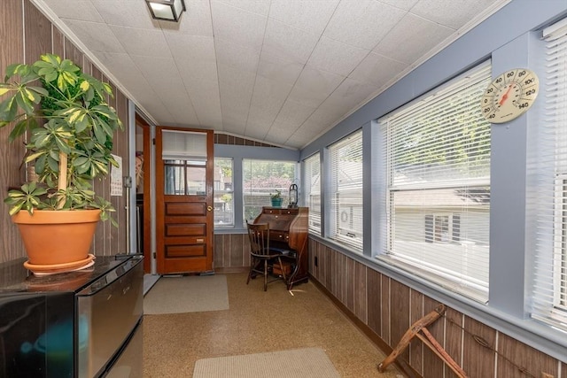 21 Alfred St, Woburn, MA 01801 - sunroom with wood walls, lofted ceiling, a wainscoted wall, and ornamental molding