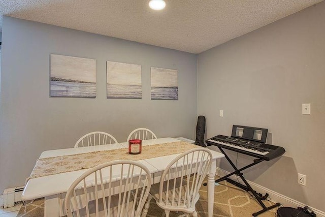 dining room with a baseboard heating unit and a textured ceiling