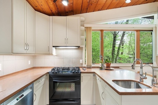 77 Temple Rd, Concord, MA 01742 - kitchen featuring black range with gas cooktop, stainless steel dishwasher, a sink, wooden ceiling, and tasteful backsplash