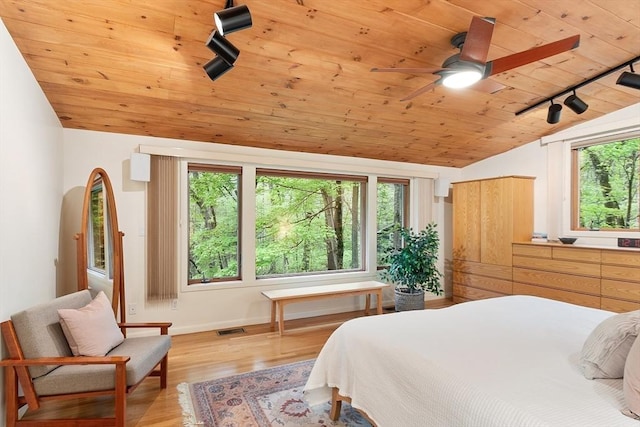 77 Temple Rd, Concord, MA 01742 - bedroom featuring lofted ceiling, wood ceiling, multiple windows, rail lighting, and baseboards