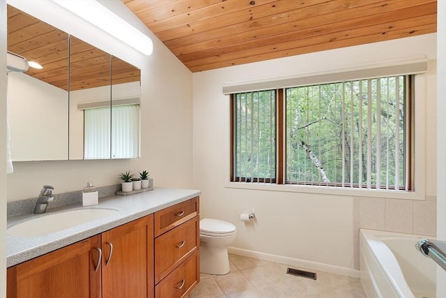 77 Temple Rd, Concord, MA 01742 - full bathroom featuring wooden ceiling, lofted ceiling, tile patterned floors, toilet, and vanity