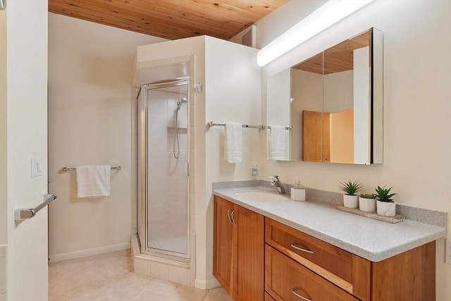 77 Temple Rd, Concord, MA 01742 - bathroom featuring wooden ceiling, a stall shower, tile patterned flooring, baseboards, and vanity
