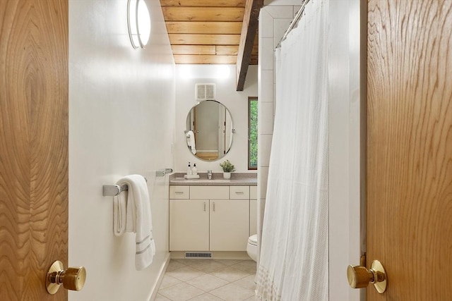 77 Temple Rd, Concord, MA 01742 - full bathroom featuring tile patterned floors, wood ceiling, toilet, vanity, and a shower with shower curtain