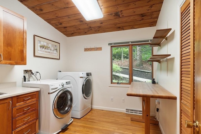 77 Temple Rd, Concord, MA 01742 - laundry room with cabinet space, wooden ceiling, light wood-style flooring, washing machine and clothes dryer, and baseboards