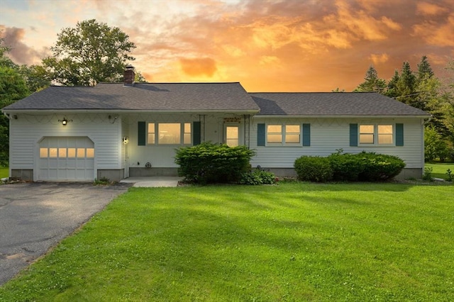 19 Shaker Ln, Littleton, MA 01460 - single story home with a garage, a lawn, a chimney, and driveway