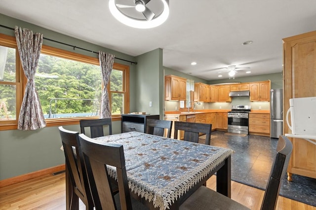19 Shaker Ln, Littleton, MA 01460 - dining space featuring ceiling fan, recessed lighting, and wood finished floors