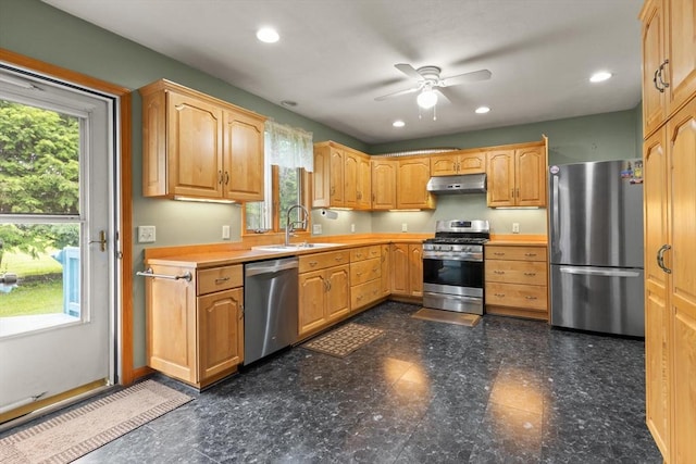 19 Shaker Ln, Littleton, MA 01460 - kitchen featuring stainless steel appliances, a ceiling fan, under cabinet range hood, recessed lighting, and light countertops