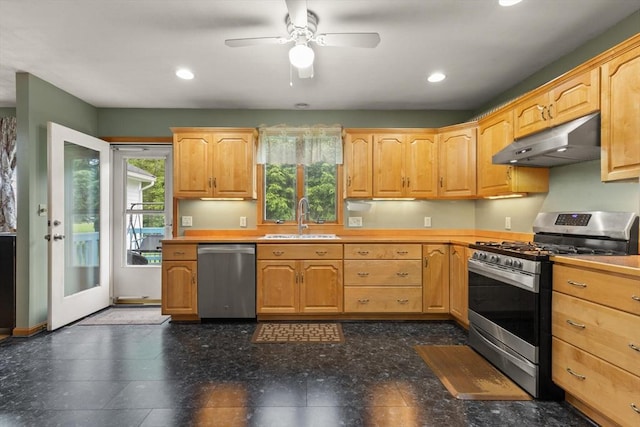 19 Shaker Ln, Littleton, MA 01460 - kitchen featuring appliances with stainless steel finishes, under cabinet range hood, ceiling fan, recessed lighting, and light countertops