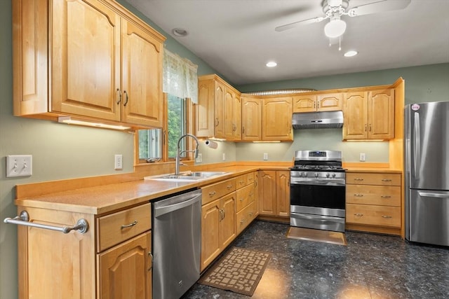 19 Shaker Ln, Littleton, MA 01460 - kitchen featuring stainless steel appliances, under cabinet range hood, a ceiling fan, light countertops, and recessed lighting