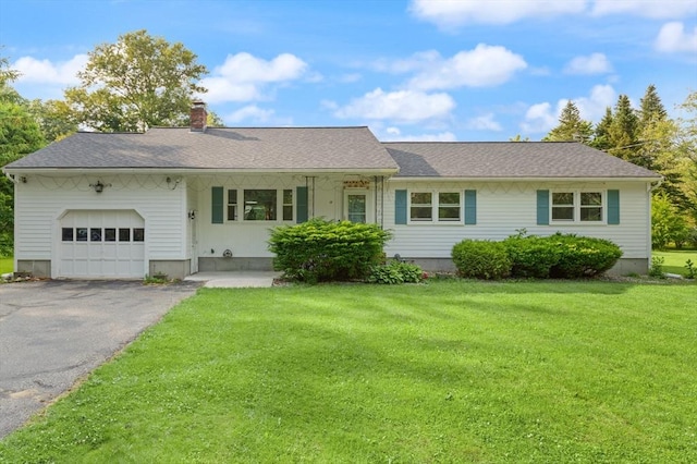 19 Shaker Ln, Littleton, MA 01460 - ranch-style house featuring an attached garage, a front lawn, a chimney, and asphalt driveway