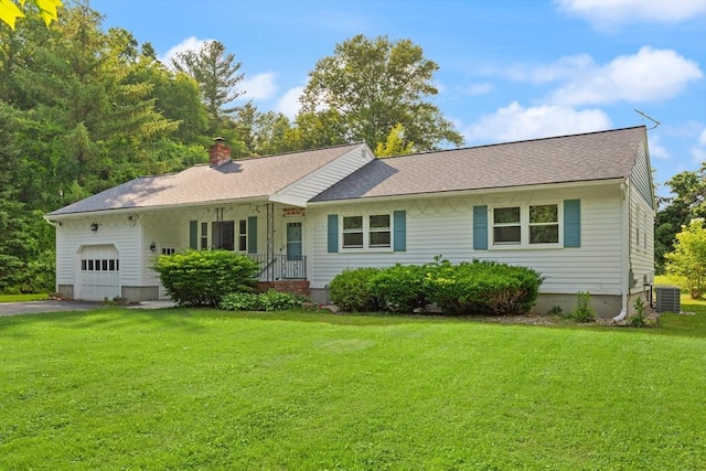 19 Shaker Ln, Littleton, MA 01460 - ranch-style house featuring a garage, a front lawn, driveway, a chimney, and roof with shingles