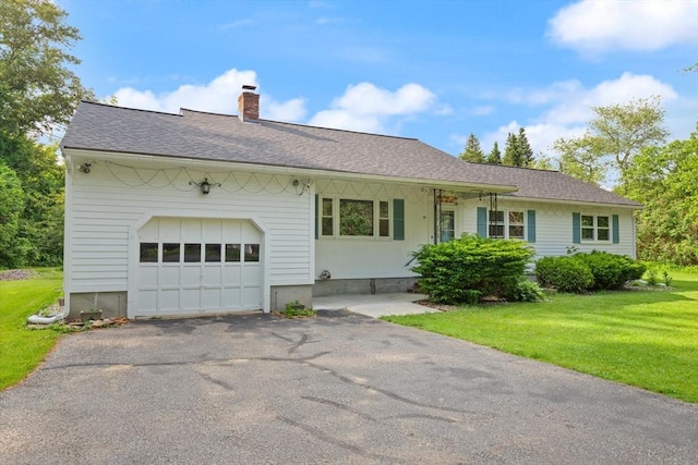 19 Shaker Ln, Littleton, MA 01460 - ranch-style home with a chimney, a garage, a front yard, asphalt driveway, and a shingled roof