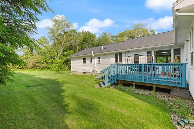 19 Shaker Ln, Littleton, MA 01460 - back of house with a lawn, a deck, crawl space, and a shingled roof