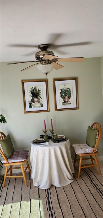 dining room featuring wood finished floors, a ceiling fan, and baseboards