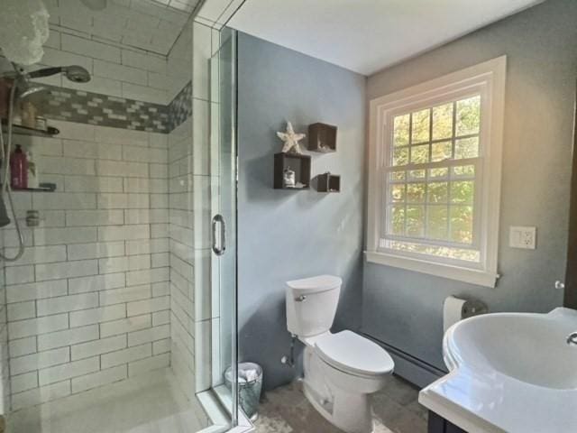 full bathroom featuring vanity, toilet, and a stall shower