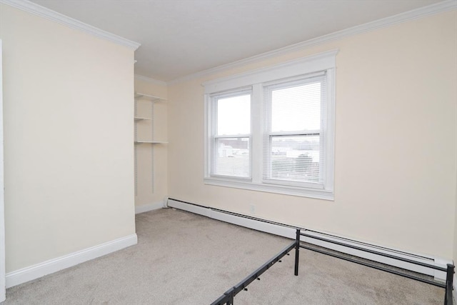 unfurnished room with crown molding, baseboard heating, and light carpet