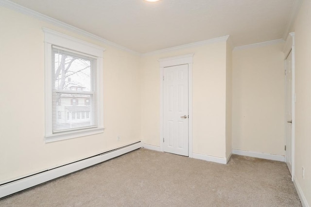 unfurnished bedroom featuring light carpet, a closet, a baseboard radiator, and ornamental molding