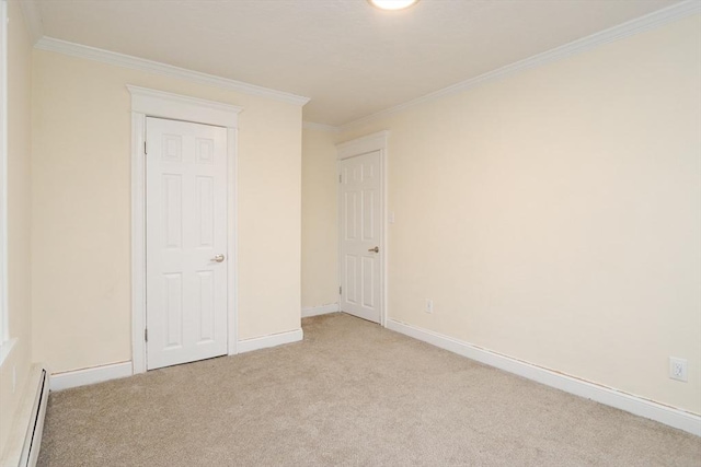 unfurnished bedroom with light carpet, ornamental molding, and a baseboard heating unit