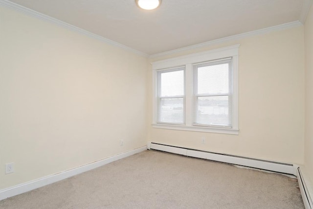 empty room featuring light colored carpet, baseboard heating, and crown molding