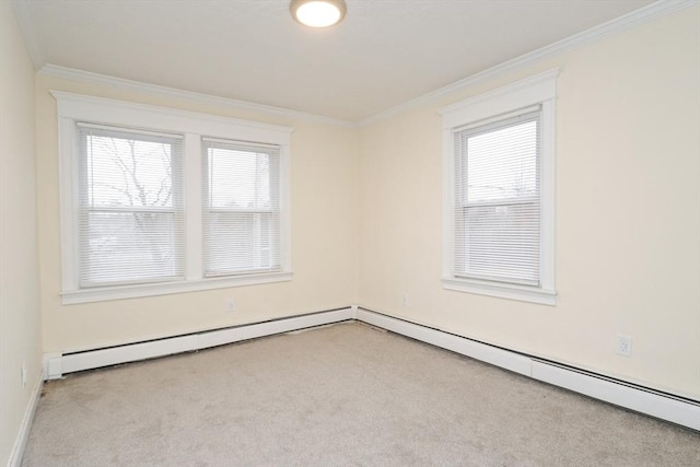 carpeted spare room with a baseboard radiator and ornamental molding