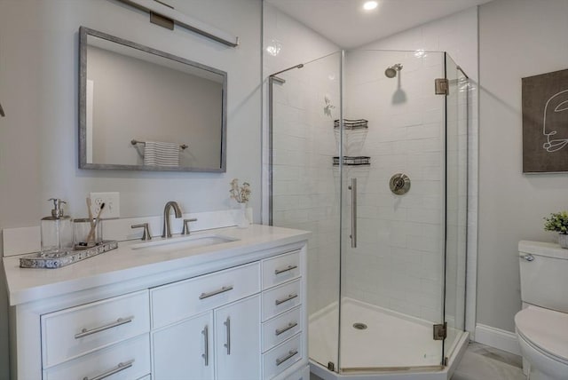138 Flash Rd Unit 1, Nahant, MA 01908 - bathroom featuring vanity, a shower stall, marble finish flooring, and recessed lighting