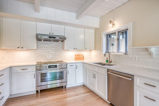 212 Charles Neck Way, West Tisbury, MA 02575 - kitchen featuring appliances with stainless steel finishes, under cabinet range hood, a sink, decorative backsplash, and white cabinets
