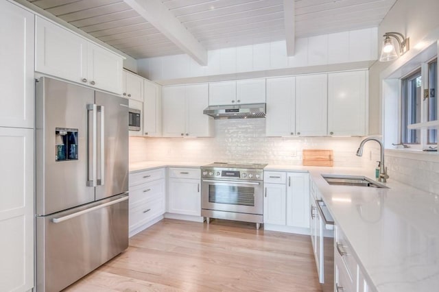 212 Charles Neck Way, West Tisbury, MA 02575 - kitchen with stainless steel appliances, a sink, under cabinet range hood, light countertops, and wooden ceiling with exposed beams