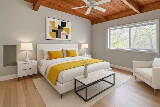 212 Charles Neck Way, West Tisbury, MA 02575 - bedroom with wooden ceiling with exposed beams, baseboards, and light wood-style floors