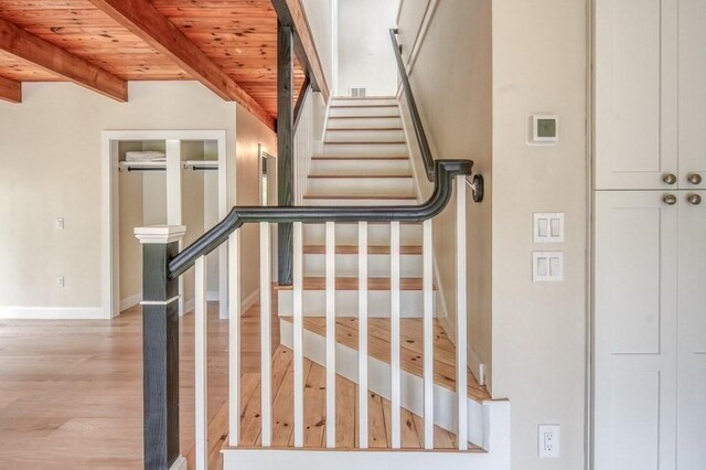 212 Charles Neck Way, West Tisbury, MA 02575 - stairway featuring wooden ceiling with exposed beams, wood finished floors, and baseboards