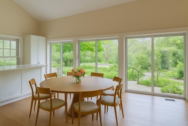 212 Charles Neck Way, West Tisbury, MA 02575 - dining area featuring healthy amount of natural light, lofted ceiling, and light wood-type flooring