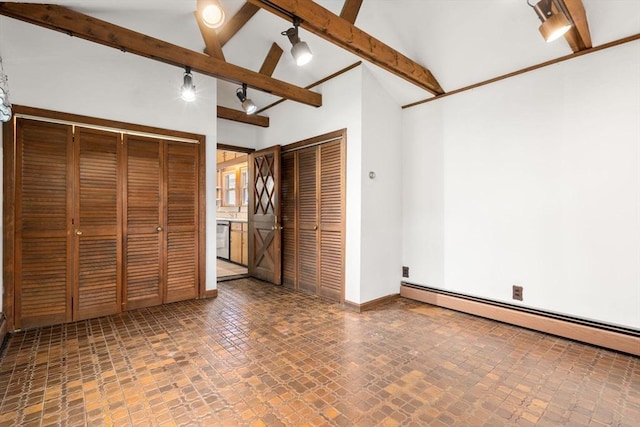 unfurnished bedroom with beamed ceiling, a baseboard heating unit, multiple closets, high vaulted ceiling, and baseboards